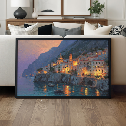 Positano Italy Wall Art Print, The Perfect Gift - Positano Oil Painting, Night Lights - Amalfi Coast Wall Decor