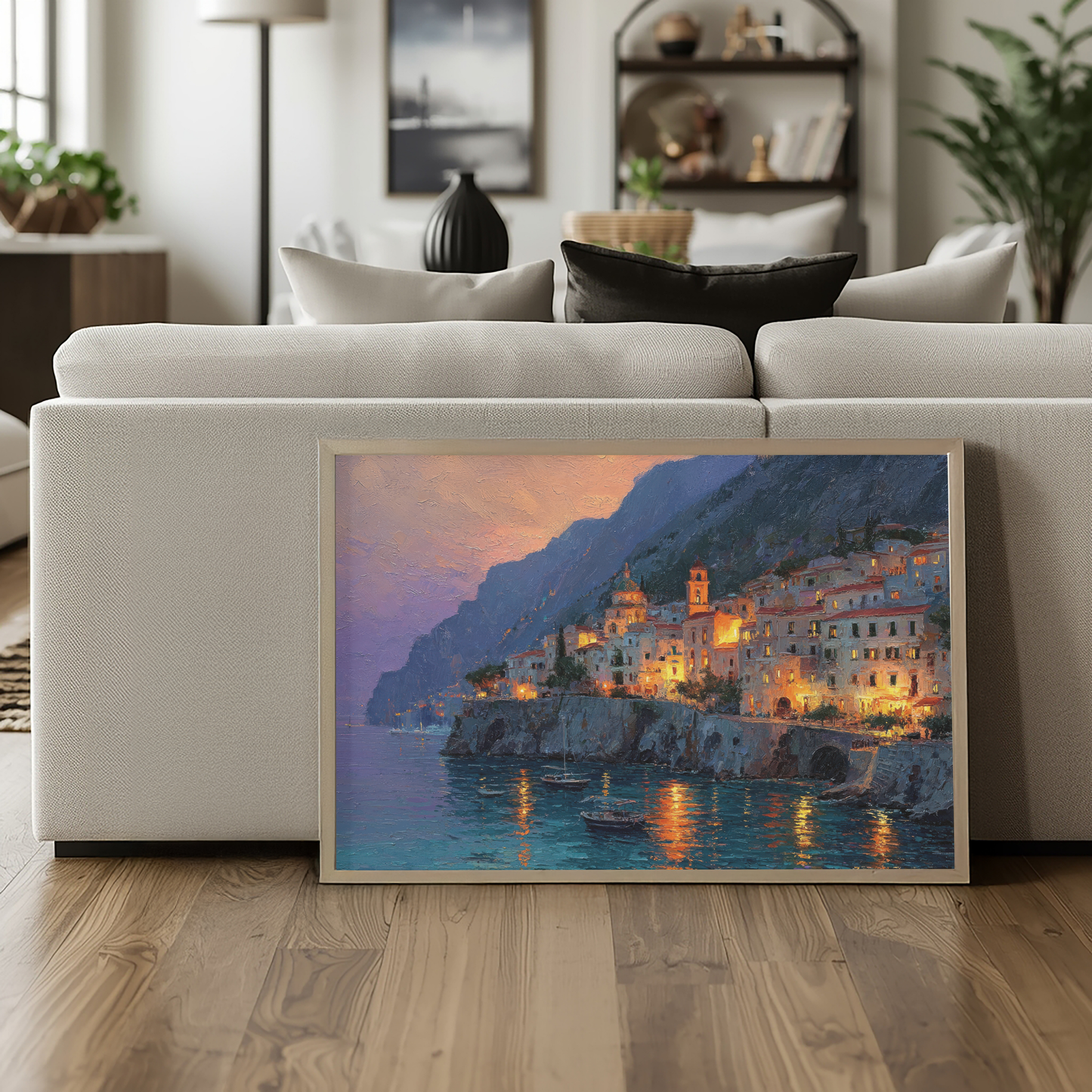 Positano Italy Wall Art Print, The Perfect Gift - Positano Oil Painting, Night Lights - Amalfi Coast Wall Decor