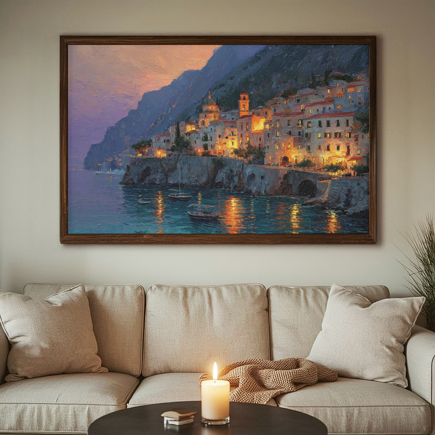 Positano Italy Wall Art Print, The Perfect Gift - Positano Oil Painting, Night Lights - Amalfi Coast Wall Decor