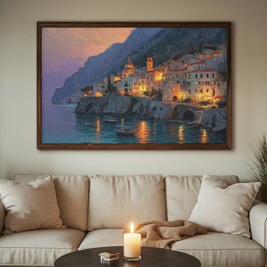Positano Italy Wall Art Print, The Perfect Gift - Positano Oil Painting, Night Lights - Amalfi Coast Wall Decor