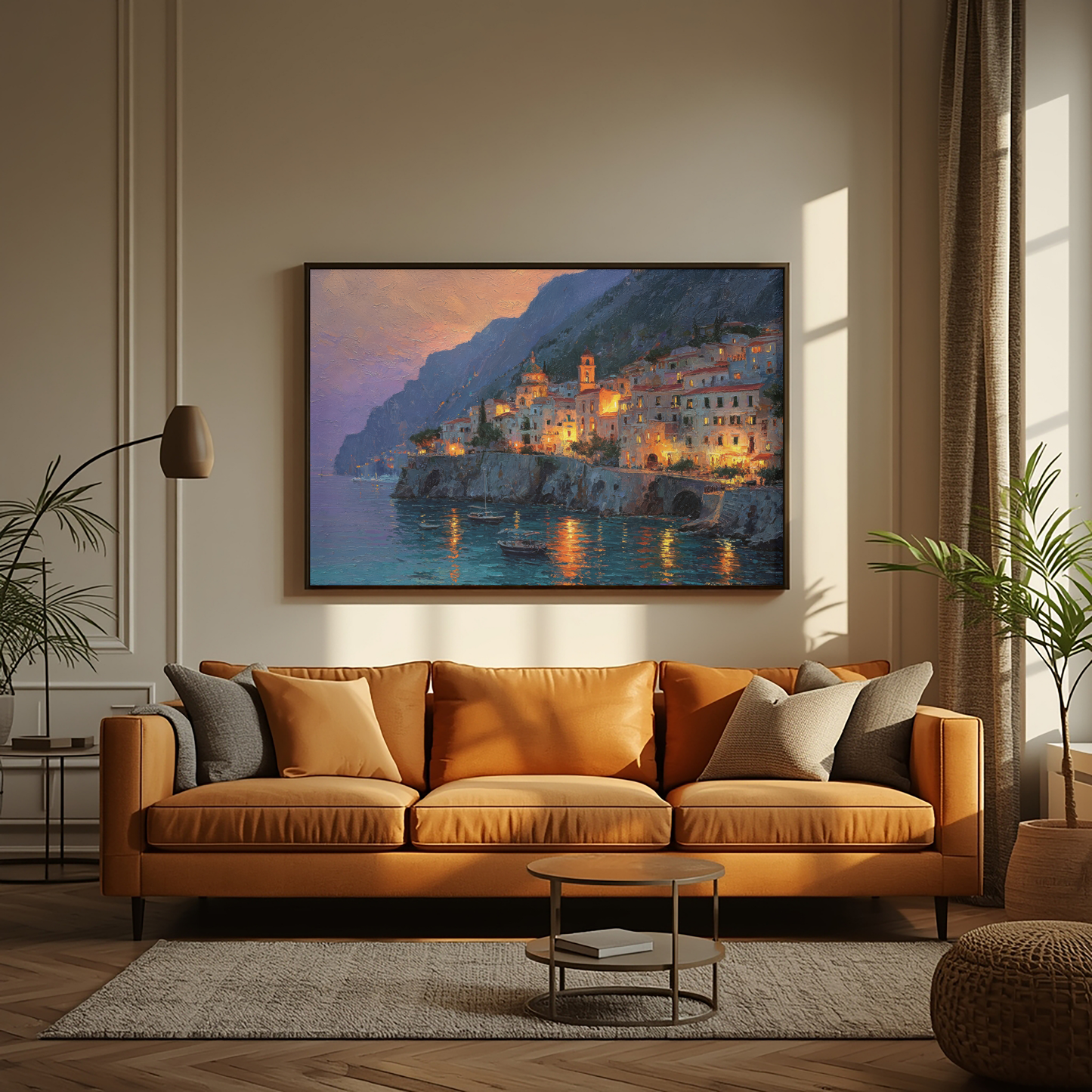 Positano Italy Wall Art Print, The Perfect Gift - Positano Oil Painting, Night Lights - Amalfi Coast Wall Decor