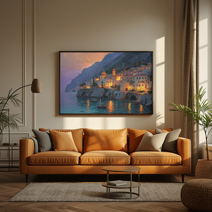 Positano Italy Wall Art Print, The Perfect Gift - Positano Oil Painting, Night Lights - Amalfi Coast Wall Decor