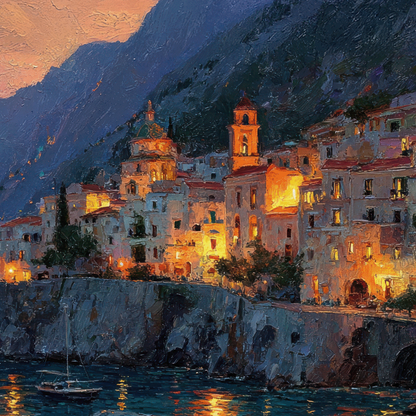Positano Italy Wall Art Print, The Perfect Gift - Positano Oil Painting, Night Lights - Amalfi Coast Wall Decor